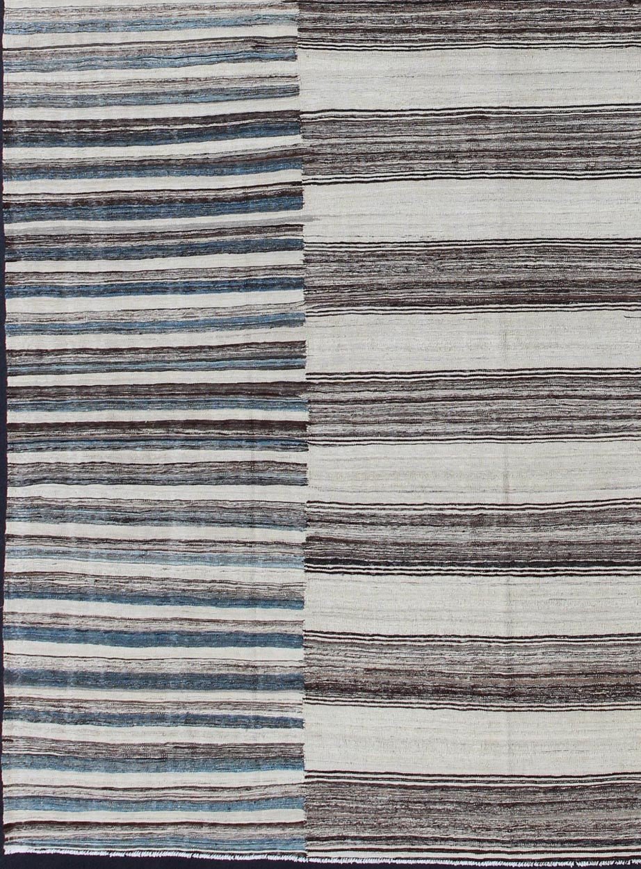 Modern Flat - Weave Large Kilim with Blue, Ivory, Brown and Charcoal Stripes kwarugs Classic modern design for modern interiors flat - weave large Kilim rug with stripes in shades of blue, gray, ivory. Keivan Woven Arts / rug AFG - 6367, country of o... - Keivan Woven ArtsAFG - 6367 - 10462Rug