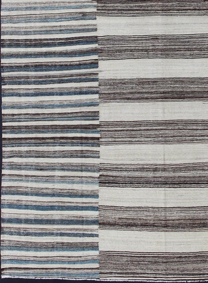 Modern Flat - Weave Large Kilim with Blue, Ivory, Brown and Charcoal Stripes kwarugs Classic modern design for modern interiors flat - weave large Kilim rug with stripes in shades of blue, gray, ivory. Keivan Woven Arts / rug AFG - 6367, country of o... - Keivan Woven ArtsAFG - 6367 - 10462Rug