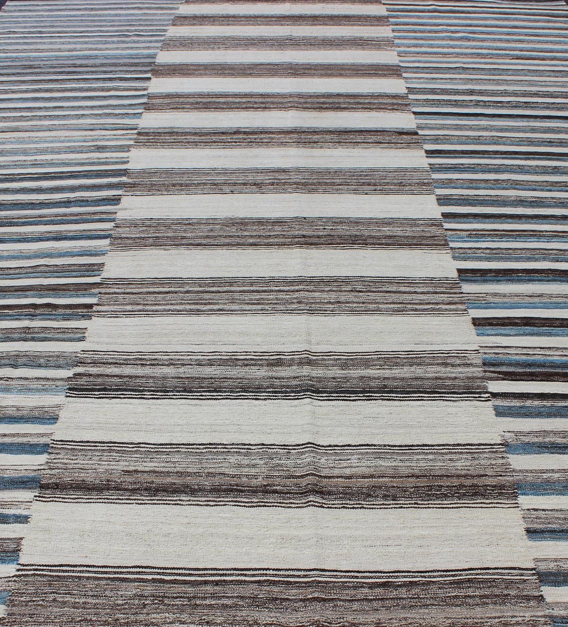 Modern Flat - Weave Large Kilim with Blue, Ivory, Brown and Charcoal Stripes kwarugs Classic modern design for modern interiors flat - weave large Kilim rug with stripes in shades of blue, gray, ivory. Keivan Woven Arts / rug AFG - 6367, country of o... - Keivan Woven ArtsAFG - 6367 - 10462Rug