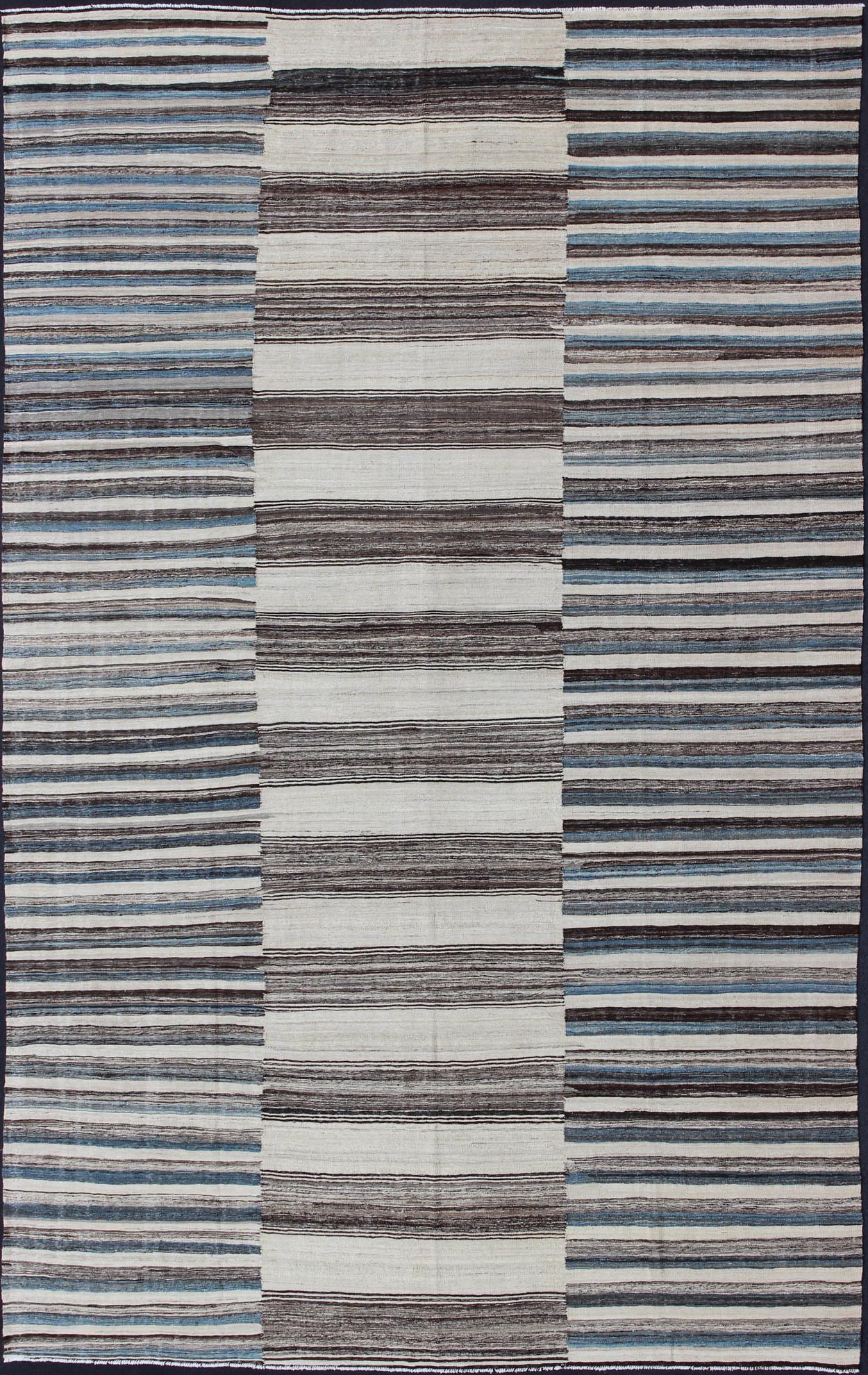 Modern Flat - Weave Large Kilim with Blue, Ivory, Brown and Charcoal Stripes kwarugs Classic modern design for modern interiors flat - weave large Kilim rug with stripes in shades of blue, gray, ivory. Keivan Woven Arts / rug AFG - 6367, country of o... - Keivan Woven ArtsAFG - 6367 - 10462Rug