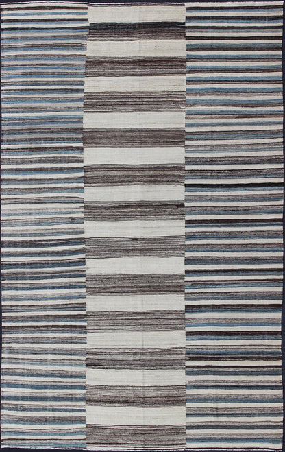 Modern Flat - Weave Large Kilim with Blue, Ivory, Brown and Charcoal Stripes kwarugs Classic modern design for modern interiors flat - weave large Kilim rug with stripes in shades of blue, gray, ivory. Keivan Woven Arts / rug AFG - 6367, country of o... - Keivan Woven ArtsAFG - 6367 - 10462Rug