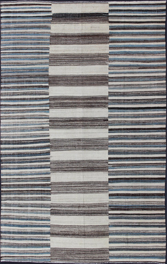 Modern Flat - Weave Large Kilim with Blue, Ivory, Brown and Charcoal Stripes kwarugs Classic modern design for modern interiors flat - weave large Kilim rug with stripes in shades of blue, gray, ivory. Keivan Woven Arts / rug AFG - 6367, country of o... - Keivan Woven ArtsAFG - 6367 - 10462Rug