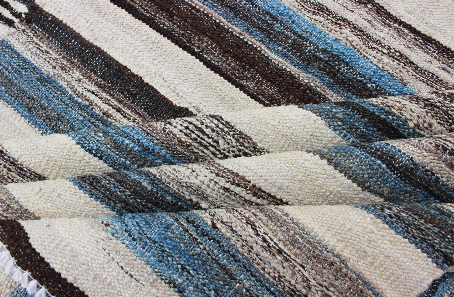 Modern Flat - Weave Large Kilim with Blue, Ivory, Brown and Charcoal Stripes kwarugs Classic modern design for modern interiors flat - weave large Kilim rug with stripes in shades of blue, gray, ivory. Keivan Woven Arts / rug AFG - 6367, country of o... - Keivan Woven ArtsAFG - 6367 - 10462Rug