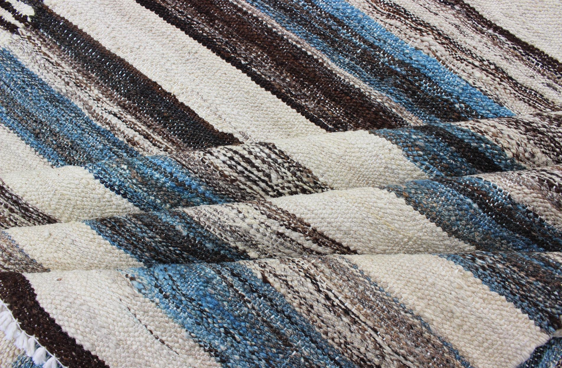 Modern Flat - Weave Large Kilim with Blue, Ivory, Brown and Charcoal Stripes kwarugs Classic modern design for modern interiors flat - weave large Kilim rug with stripes in shades of blue, gray, ivory. Keivan Woven Arts / rug AFG - 6367, country of o... - Keivan Woven ArtsAFG - 6367 - 10462Rug