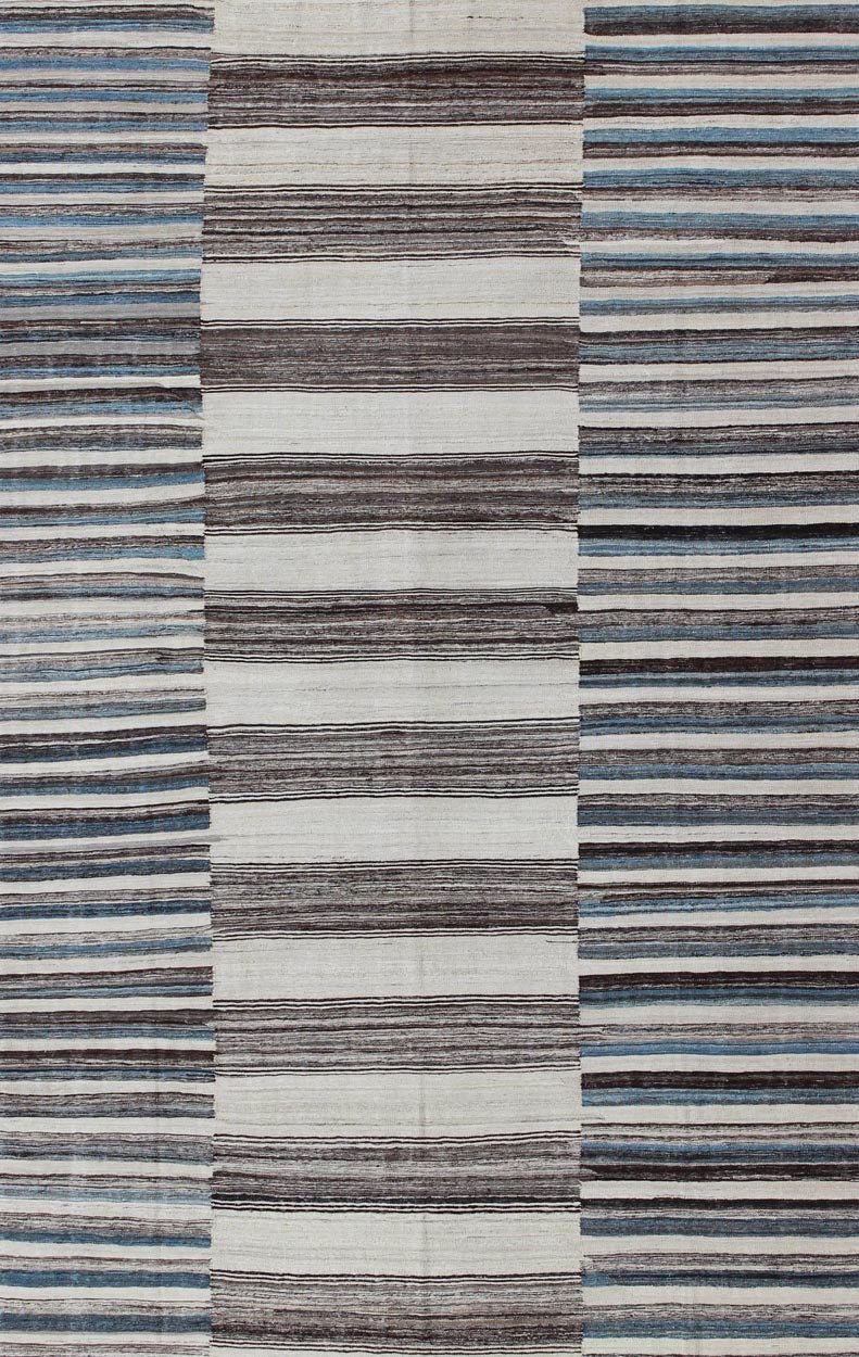 Modern Flat - Weave Large Kilim with Blue, Ivory, Brown and Charcoal Stripes kwarugs Classic modern design for modern interiors flat - weave large Kilim rug with stripes in shades of blue, gray, ivory. Keivan Woven Arts / rug AFG - 6367, country of o... - Keivan Woven ArtsAFG - 6367 - 10462Rug