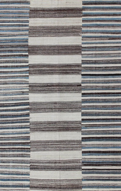 Modern Flat - Weave Large Kilim with Blue, Ivory, Brown and Charcoal Stripes kwarugs Classic modern design for modern interiors flat - weave large Kilim rug with stripes in shades of blue, gray, ivory. Keivan Woven Arts / rug AFG - 6367, country of o... - Keivan Woven ArtsAFG - 6367 - 10462Rug