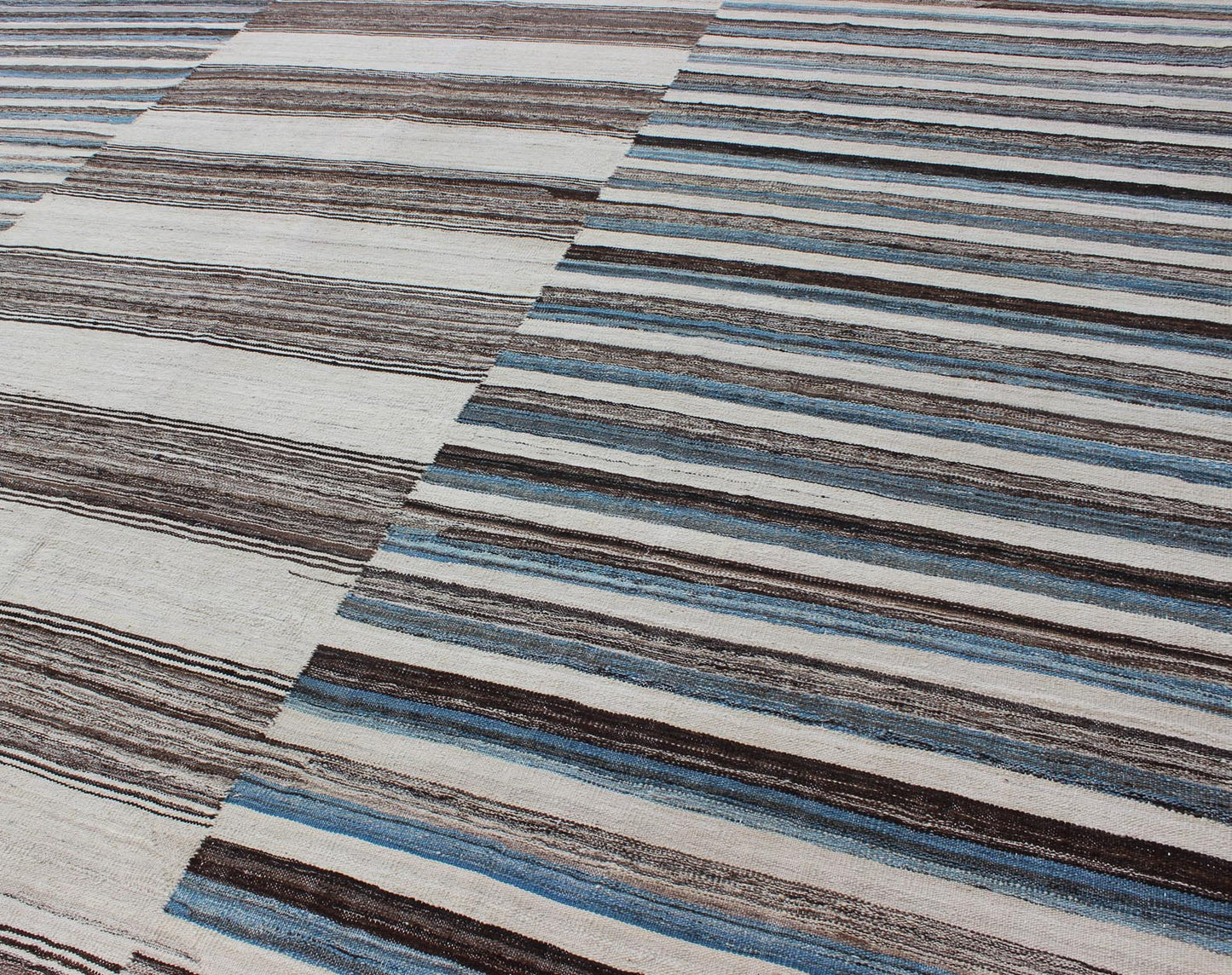 Modern Flat - Weave Large Kilim with Blue, Ivory, Brown and Charcoal Stripes kwarugs Classic modern design for modern interiors flat - weave large Kilim rug with stripes in shades of blue, gray, ivory. Keivan Woven Arts / rug AFG - 6367, country of o... - Keivan Woven ArtsAFG - 6367 - 10462Rug