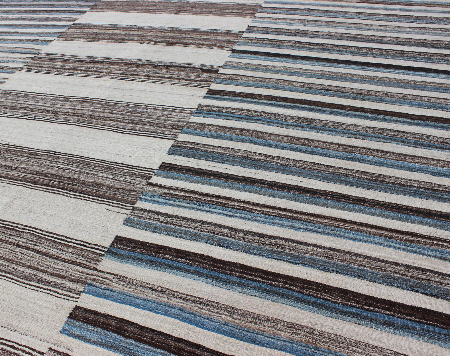 Modern Flat - Weave Large Kilim with Blue, Ivory, Brown and Charcoal Stripes kwarugs Classic modern design for modern interiors flat - weave large Kilim rug with stripes in shades of blue, gray, ivory. Keivan Woven Arts / rug AFG - 6367, country of o... - Keivan Woven ArtsAFG - 6367 - 10462Rug