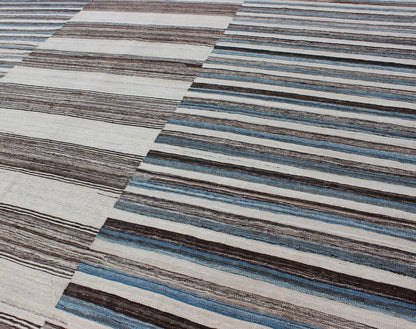 Modern Flat - Weave Large Kilim with Blue, Ivory, Brown and Charcoal Stripes kwarugs Classic modern design for modern interiors flat - weave large Kilim rug with stripes in shades of blue, gray, ivory. Keivan Woven Arts / rug AFG - 6367, country of o... - Keivan Woven ArtsAFG - 6367 - 10462Rug