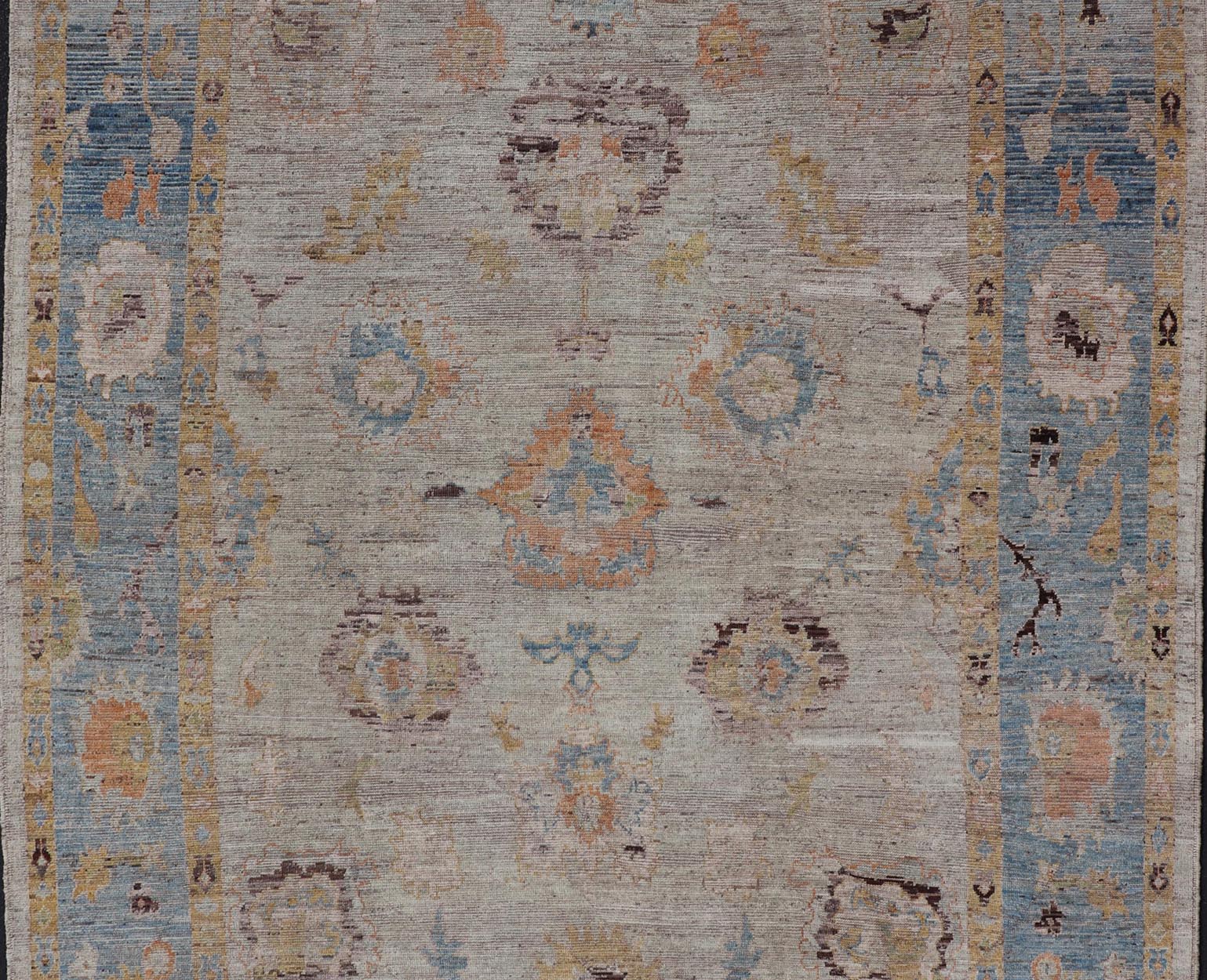 Large Floral Designed Modern Oushak on a Cream Field and Light Blue Border. Keivan Woven Arts rug / AFG - 64120 Country of Origin: Afghanistan Type: Oushak Design: Floral, All - Over, Arabesque - Floral 21st century. Measures: 10'5 x 13'10 Modern Ous... - Keivan Woven ArtsAFG - 64120 - 24806Rug