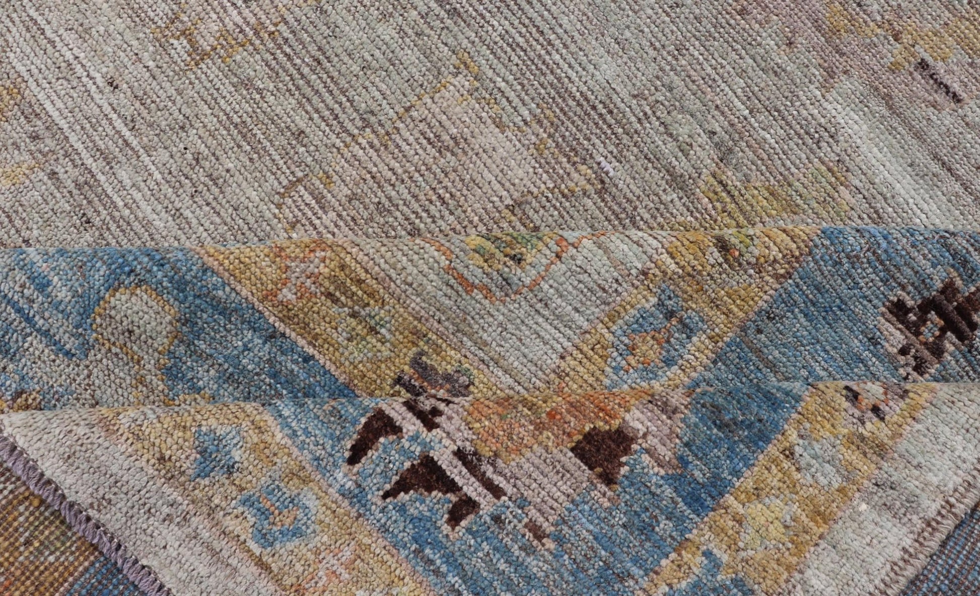 Large Floral Designed Modern Oushak on a Cream Field and Light Blue Border. Keivan Woven Arts rug / AFG - 64120 Country of Origin: Afghanistan Type: Oushak Design: Floral, All - Over, Arabesque - Floral 21st century. Measures: 10'5 x 13'10 Modern Ous... - Keivan Woven ArtsAFG - 64120 - 24806Rug