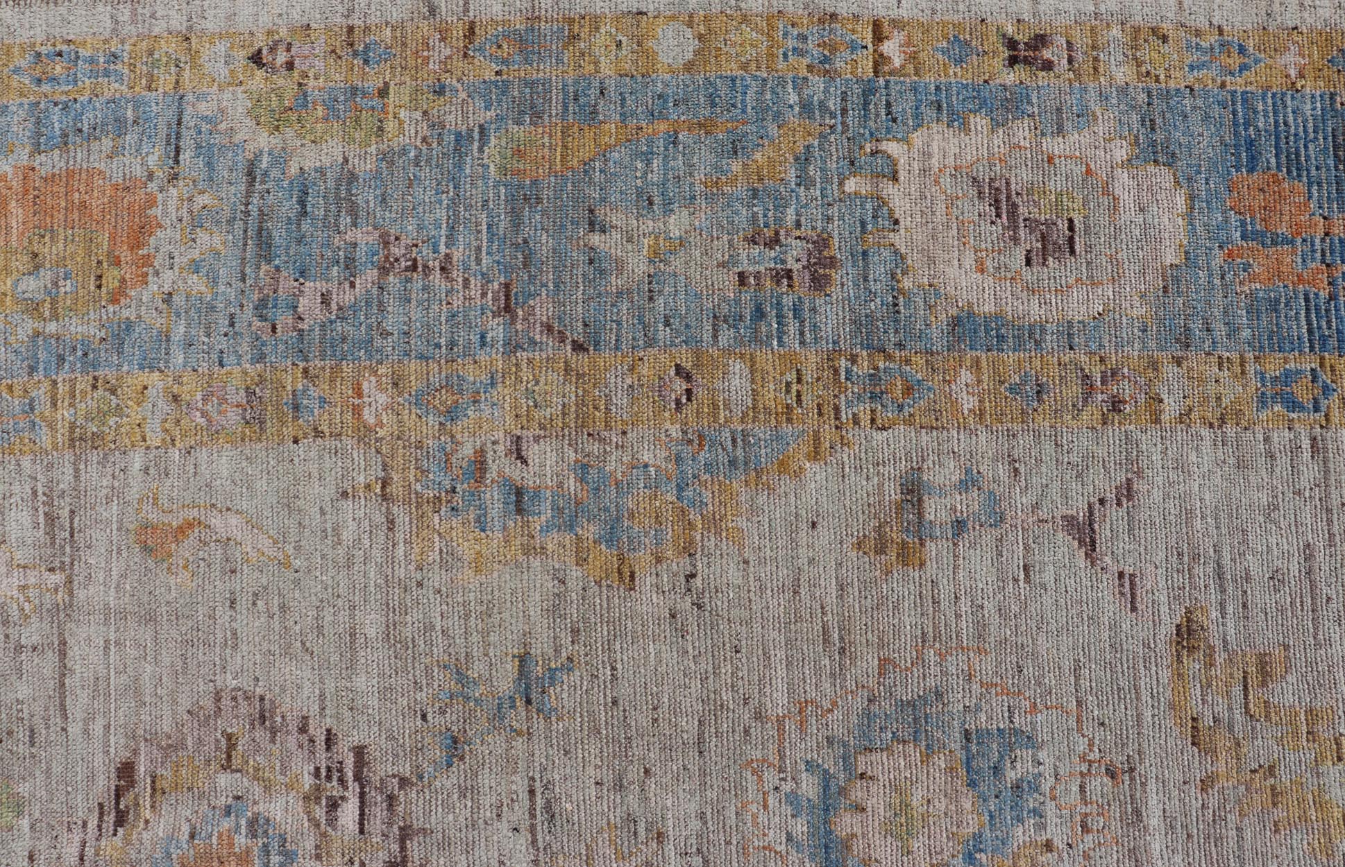 Large Floral Designed Modern Oushak on a Cream Field and Light Blue Border. Keivan Woven Arts rug / AFG - 64120 Country of Origin: Afghanistan Type: Oushak Design: Floral, All - Over, Arabesque - Floral 21st century. Measures: 10'5 x 13'10 Modern Ous... - Keivan Woven ArtsAFG - 64120 - 24806Rug