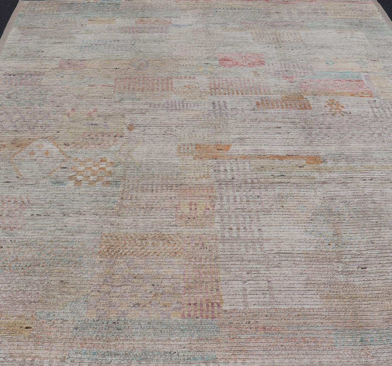 Large Hand Knotted Tribal Design Rug in Off White With Pop of Cheerful Colors. Keivan Woven Arts; rug / AFG - 64253 Country of Origin: Afghanistan Type: Modern Casual Design: Abstract, Geometric, Minimalist. Measures: 9'4 x 11'7 This cheerful mode... - Keivan Woven ArtsAFG - 64253 - 24800Rug