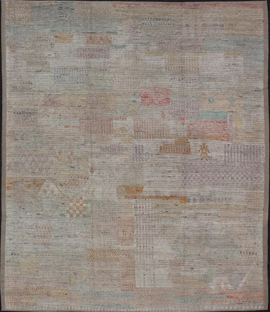 Large Hand Knotted Tribal Design Rug in Off White With Pop of Cheerful Colors. Keivan Woven Arts; rug / AFG - 64253 Country of Origin: Afghanistan Type: Modern Casual Design: Abstract, Geometric, Minimalist. Measures: 9'4 x 11'7 This cheerful mode... - Keivan Woven ArtsAFG - 64253 - 24800