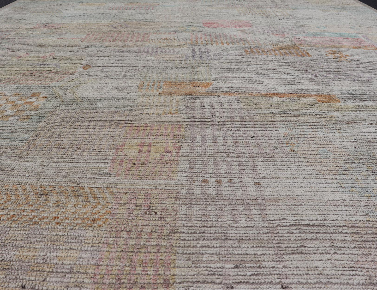 Large Hand Knotted Tribal Design Rug in Off White With Pop of Cheerful Colors. Keivan Woven Arts; rug / AFG - 64253 Country of Origin: Afghanistan Type: Modern Casual Design: Abstract, Geometric, Minimalist. Measures: 9'4 x 11'7 This cheerful mode... - Keivan Woven ArtsAFG - 64253 - 24800Rug