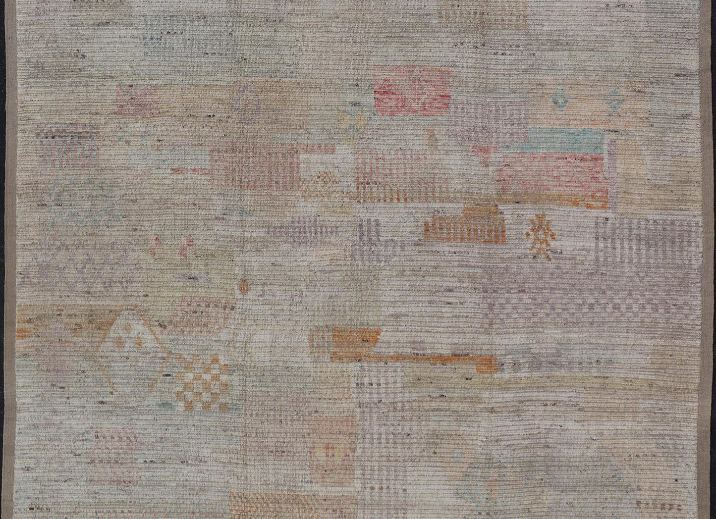 Large Hand Knotted Tribal Design Rug in Off White With Pop of Cheerful Colors. Keivan Woven Arts; rug / AFG - 64253 Country of Origin: Afghanistan Type: Modern Casual Design: Abstract, Geometric, Minimalist. Measures: 9'4 x 11'7 This cheerful mode... - Keivan Woven ArtsAFG - 64253 - 24800Rug