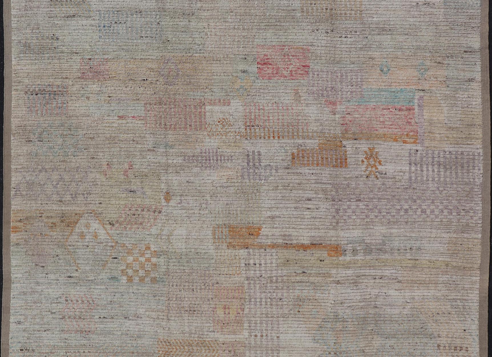 Large Hand Knotted Tribal Design Rug in Off White With Pop of Cheerful Colors. Keivan Woven Arts; rug / AFG - 64253 Country of Origin: Afghanistan Type: Modern Casual Design: Abstract, Geometric, Minimalist. Measures: 9'4 x 11'7 This cheerful mode... - Keivan Woven ArtsAFG - 64253 - 24800Rug