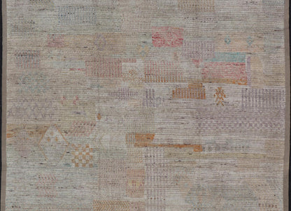 Large Hand Knotted Tribal Design Rug in Off White With Pop of Cheerful Colors. Keivan Woven Arts; rug / AFG - 64253 Country of Origin: Afghanistan Type: Modern Casual Design: Abstract, Geometric, Minimalist. Measures: 9'4 x 11'7 This cheerful mode... - Keivan Woven ArtsAFG - 64253 - 24800Rug