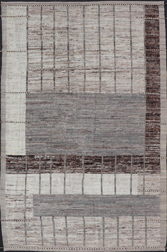 Afghan Abstract Modern Rug in Earth Tones with Unique Design With Natural Gray. Keivan Woven Arts; AFG - 64378 Country of Origin: Afghanistan Type: Modern Casual Design: Abstract, Geometric, Minimalist. Measures: 6'9 x 11'1 Modern Rug in Earth Ton... - Keivan Woven ArtsAFG - 64378 - 25110Rug