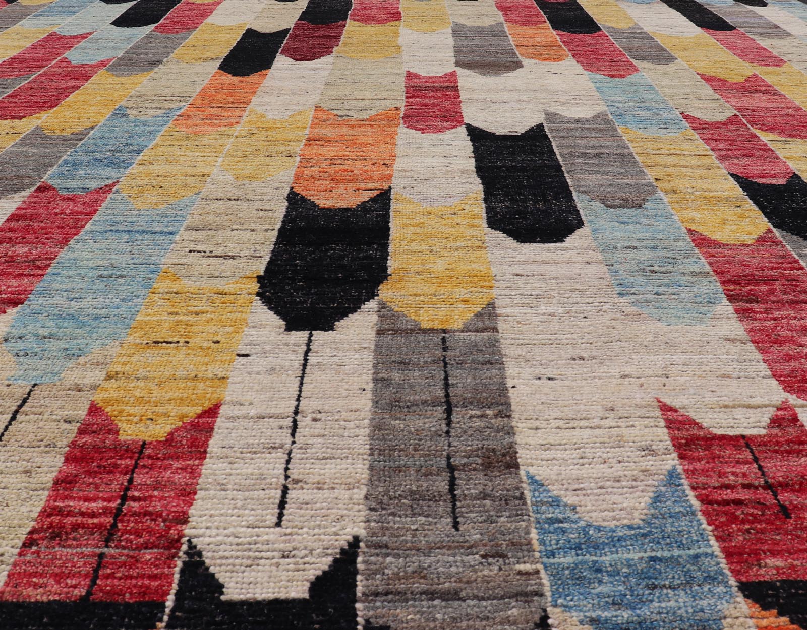 Modern Rug in Art Deco Abstract Design With Multi Colors and Black Border. Keivan Woven Arts; rug AFG - 64455, country of origin / type: Afghanistan / Modern Casual, circa early - 21th century. Measures: 7'11 x 9'3 Multicolor Modern Rug in Art Deco ... - Keivan Woven ArtsAFG - 64455 - 25122Rug