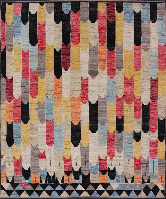 Modern Rug in Art Deco Abstract Design With Multi Colors and Black Border. Keivan Woven Arts; rug AFG - 64455, country of origin / type: Afghanistan / Modern Casual, circa early - 21th century. Measures: 7'11 x 9'3 Multicolor Modern Rug in Art Deco ... - Keivan Woven ArtsAFG - 64455 - 25122