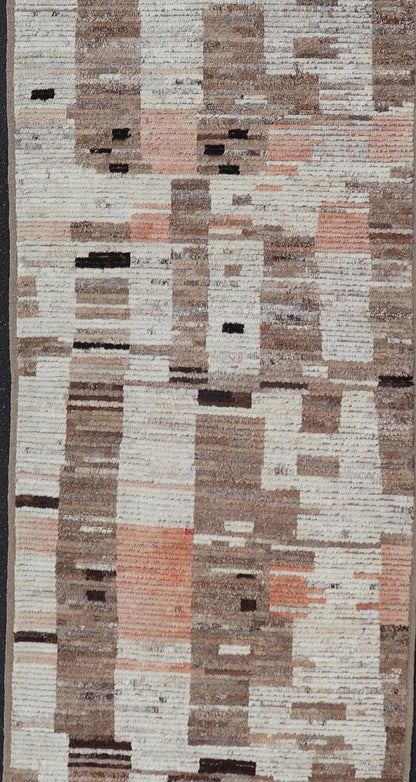 Modern Casual Afghan Runner in Wool with Abstract Design in Natural Colored Wool. Keivan Woven Arts; rug AFG - 64742 Country of Origin: Afghanistan Type: Modern Casual Design: Abstract, Sub - Geometric, Minimalist. Measures: 3'6 x 13'5 This attract... - Keivan Woven ArtsAFG - 64742 - 25128Rug