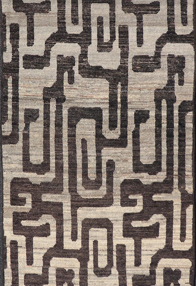 Modern Casual Runner in Wool with Black and Shades of Gray in Modern Design. Country of Origin: Afghanistan Type: Modern Casual Keivan Woven Arts; rug AFG - 64769 / Design: Abstract, Sub - Geometric Key Words: Authentic Modern Casual. Measures: 3'8 x 11... - Keivan Woven ArtsAFG - 64769 - 25134