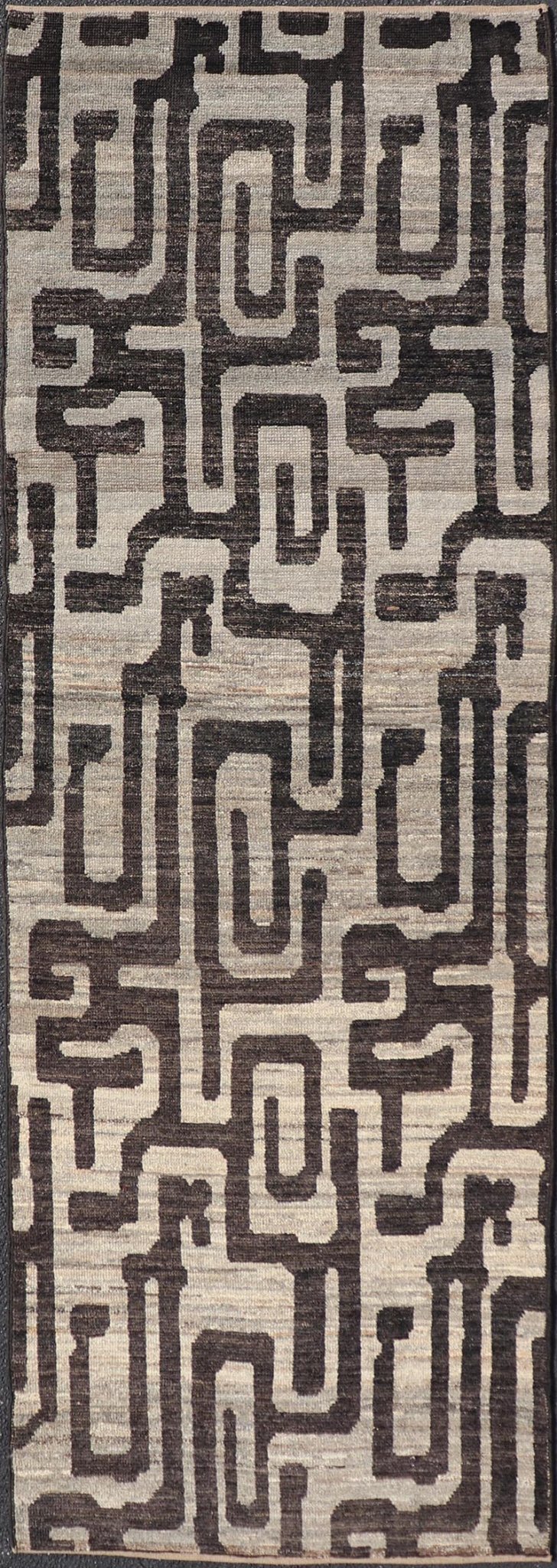 Modern Casual Runner in Wool with Black and Shades of Gray in Modern Design. Country of Origin: Afghanistan Type: Modern Casual Keivan Woven Arts; rug AFG - 64769 / Design: Abstract, Sub - Geometric Key Words: Authentic Modern Casual. Measures: 3'8 x 11... - Keivan Woven ArtsAFG - 64769 - 25134