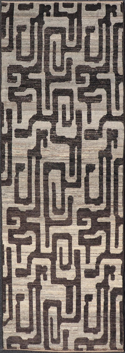 Modern Casual Runner in Wool with Black and Shades of Gray in Modern Design. Country of Origin: Afghanistan Type: Modern Casual Keivan Woven Arts; rug AFG - 64769 / Design: Abstract, Sub - Geometric Key Words: Authentic Modern Casual. Measures: 3'8 x 11... - Keivan Woven ArtsAFG - 64769 - 25134