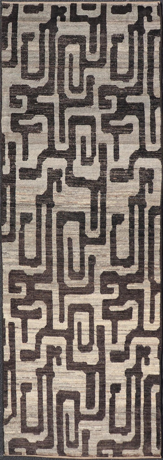 Modern Casual Runner in Wool with Black and Shades of Gray in Modern Design. Country of Origin: Afghanistan Type: Modern Casual Keivan Woven Arts; rug AFG - 64769 / Design: Abstract, Sub - Geometric Key Words: Authentic Modern Casual. Measures: 3'8 x 11... - Keivan Woven ArtsAFG - 64769 - 25134