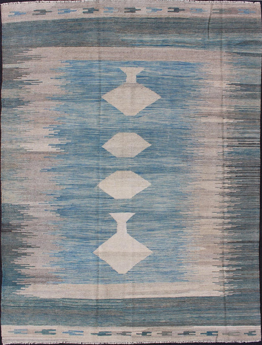 Modern Tribal Kilim in Shades of Blue's and Gray's Flat - weave Kilim rug with diamonds design in shades of blue, gray, greens, rug afg - 6490, country of origin / type: Afghanistan / Kilim This playful piece features a diamond design that ev... - Keivan Woven ArtsAFG - 6490 - 10430Rug