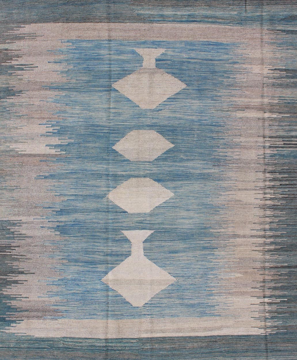 Modern Tribal Kilim in Shades of Blue's and Gray's Flat - weave Kilim rug with diamonds design in shades of blue, gray, greens, rug afg - 6490, country of origin / type: Afghanistan / Kilim This playful piece features a diamond design that ev... - Keivan Woven ArtsAFG - 6490 - 10430Rug