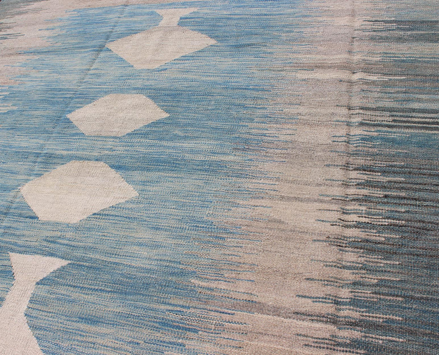Modern Tribal Kilim in Shades of Blue's and Gray's Flat - weave Kilim rug with diamonds design in shades of blue, gray, greens, rug afg - 6490, country of origin / type: Afghanistan / Kilim This playful piece features a diamond design that ev... - Keivan Woven ArtsAFG - 6490 - 10430Rug