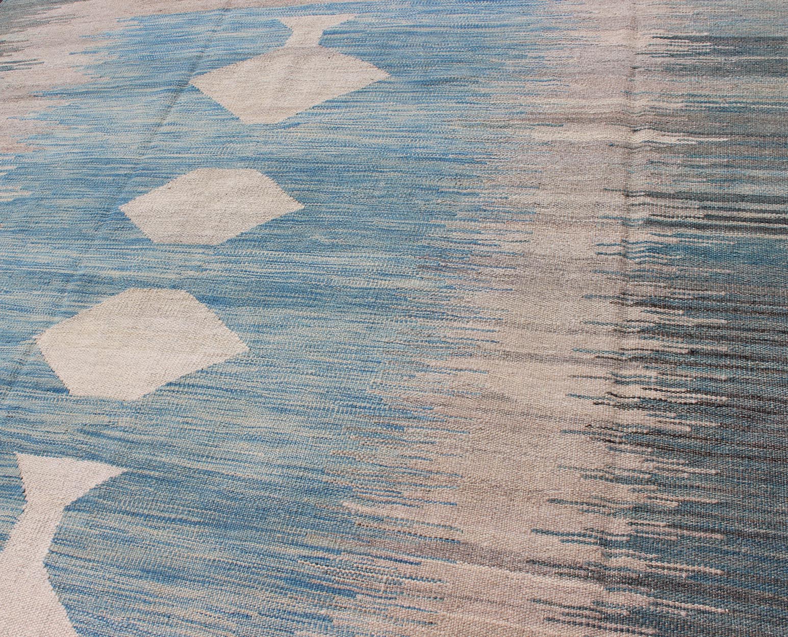 Modern Tribal Kilim in Shades of Blue's and Gray's Flat - weave Kilim rug with diamonds design in shades of blue, gray, greens, rug afg - 6490, country of origin / type: Afghanistan / Kilim This playful piece features a diamond design that ev... - Keivan Woven ArtsAFG - 6490 - 10430Rug