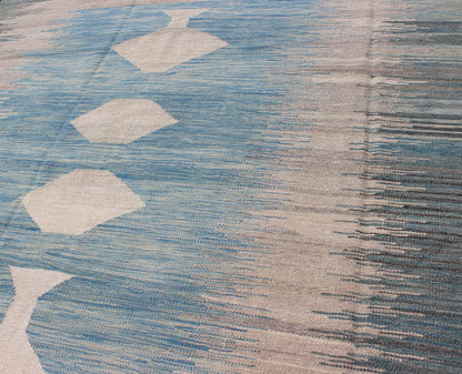 Modern Tribal Kilim in Shades of Blue's and Gray's Flat - weave Kilim rug with diamonds design in shades of blue, gray, greens, rug afg - 6490, country of origin / type: Afghanistan / Kilim This playful piece features a diamond design that ev... - Keivan Woven ArtsAFG - 6490 - 10430Rug