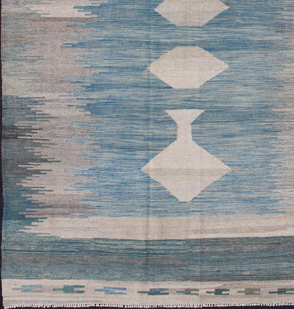 Modern Tribal Kilim in Shades of Blue's and Gray's Flat - weave Kilim rug with diamonds design in shades of blue, gray, greens, rug afg - 6490, country of origin / type: Afghanistan / Kilim This playful piece features a diamond design that ev... - Keivan Woven ArtsAFG - 6490 - 10430Rug