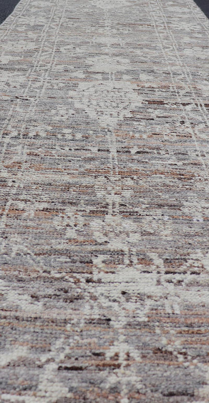 Modern Oushak Runner in Wool with Floral Design in Shades of Gray, Brown, Cream. Keivan Woven Arts; rug AFG - 64917, country of origin / type: Afghanistan / Oushak, circa Early - 21th Century. Measures: 3'0 x 12'1 This modern casual tribal Oushak de... - Keivan Woven ArtsAFG - 64917 - 25158Rug