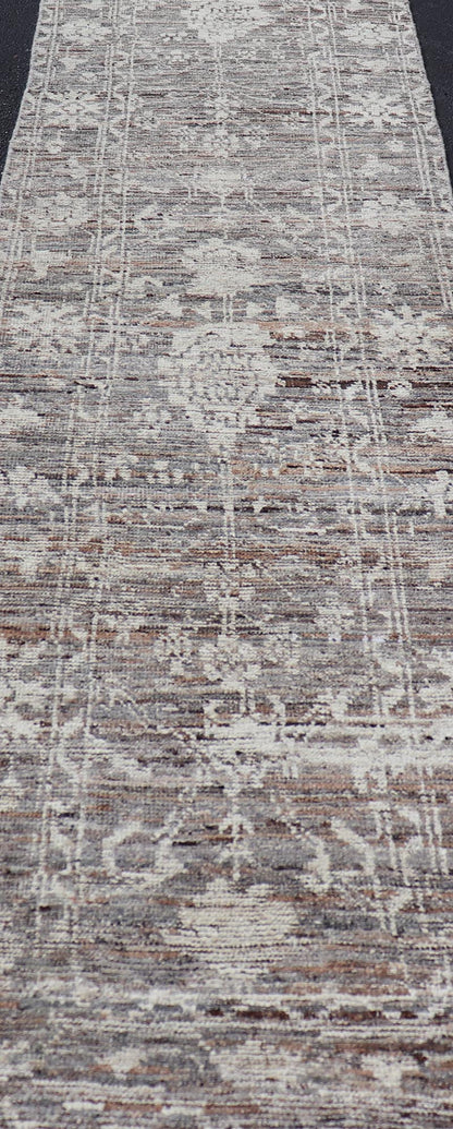 Modern Oushak Runner in Wool with Floral Design in Shades of Gray, Brown, Cream. Keivan Woven Arts; rug AFG - 64917, country of origin / type: Afghanistan / Oushak, circa Early - 21th Century. Measures: 3'0 x 12'1 This modern casual tribal Oushak de... - Keivan Woven ArtsAFG - 64917 - 25158Rug