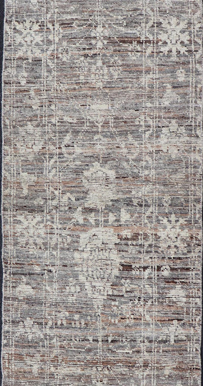 Modern Oushak Runner in Wool with Floral Design in Shades of Gray, Brown, Cream. Keivan Woven Arts; rug AFG - 64917, country of origin / type: Afghanistan / Oushak, circa Early - 21th Century. Measures: 3'0 x 12'1 This modern casual tribal Oushak de... - Keivan Woven ArtsAFG - 64917 - 25158Rug