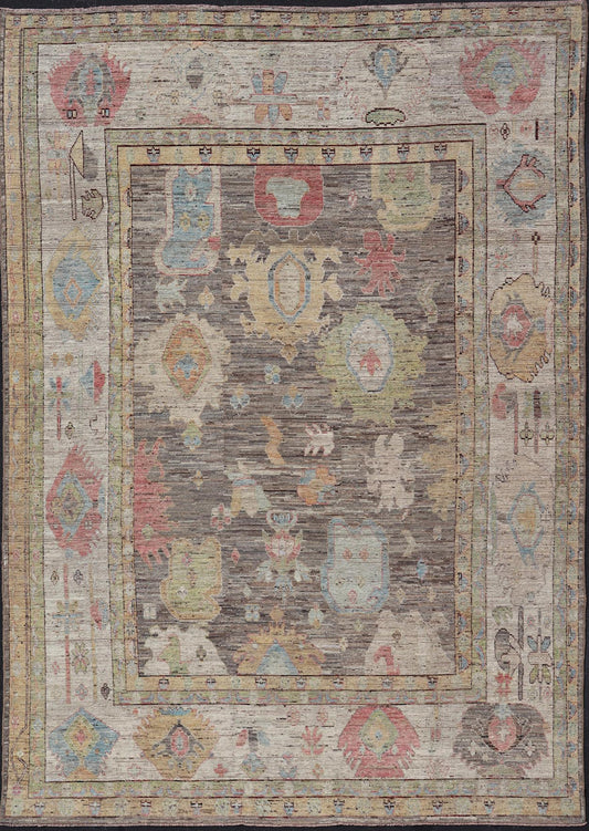 Measures: 12'5 x 16'9 Large Floral Designed Modern Oushak on a Brown - Gray Field and Cream Border. Keivan Woven Arts rug / AFG - 65605 Country of Origin: Afghanistan Type: Oushak Design: Floral, All - Over, Arabesque - Floral 21st century Modern Ou... - Keivan Woven ArtsAFG - 65605 - 23108Rug