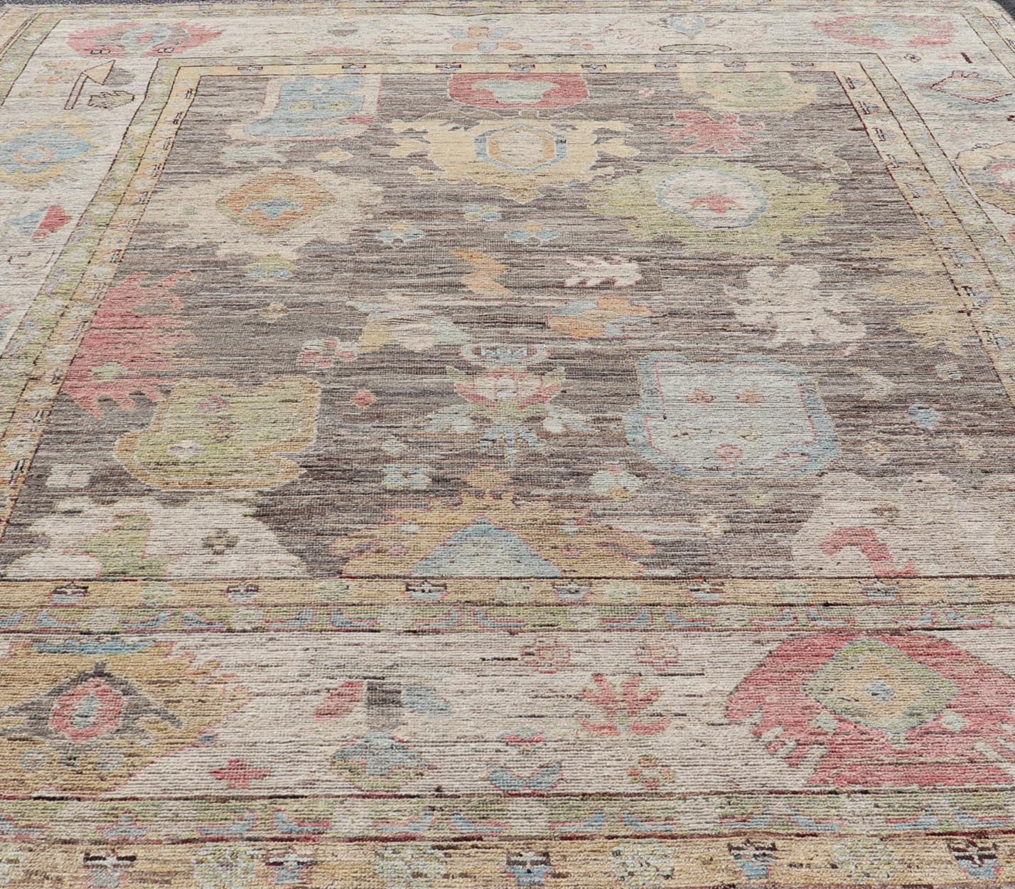 Measures: 12'5 x 16'9 Large Floral Designed Modern Oushak on a Brown - Gray Field and Cream Border. Keivan Woven Arts rug / AFG - 65605 Country of Origin: Afghanistan Type: Oushak Design: Floral, All - Over, Arabesque - Floral 21st century Modern Ou... - Keivan Woven ArtsAFG - 65605 - 23108Rug