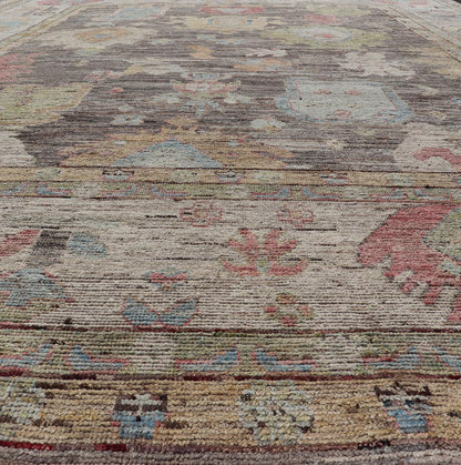 Measures: 12'5 x 16'9 Large Floral Designed Modern Oushak on a Brown - Gray Field and Cream Border. Keivan Woven Arts rug / AFG - 65605 Country of Origin: Afghanistan Type: Oushak Design: Floral, All - Over, Arabesque - Floral 21st century Modern Ou... - Keivan Woven ArtsAFG - 65605 - 23108Rug