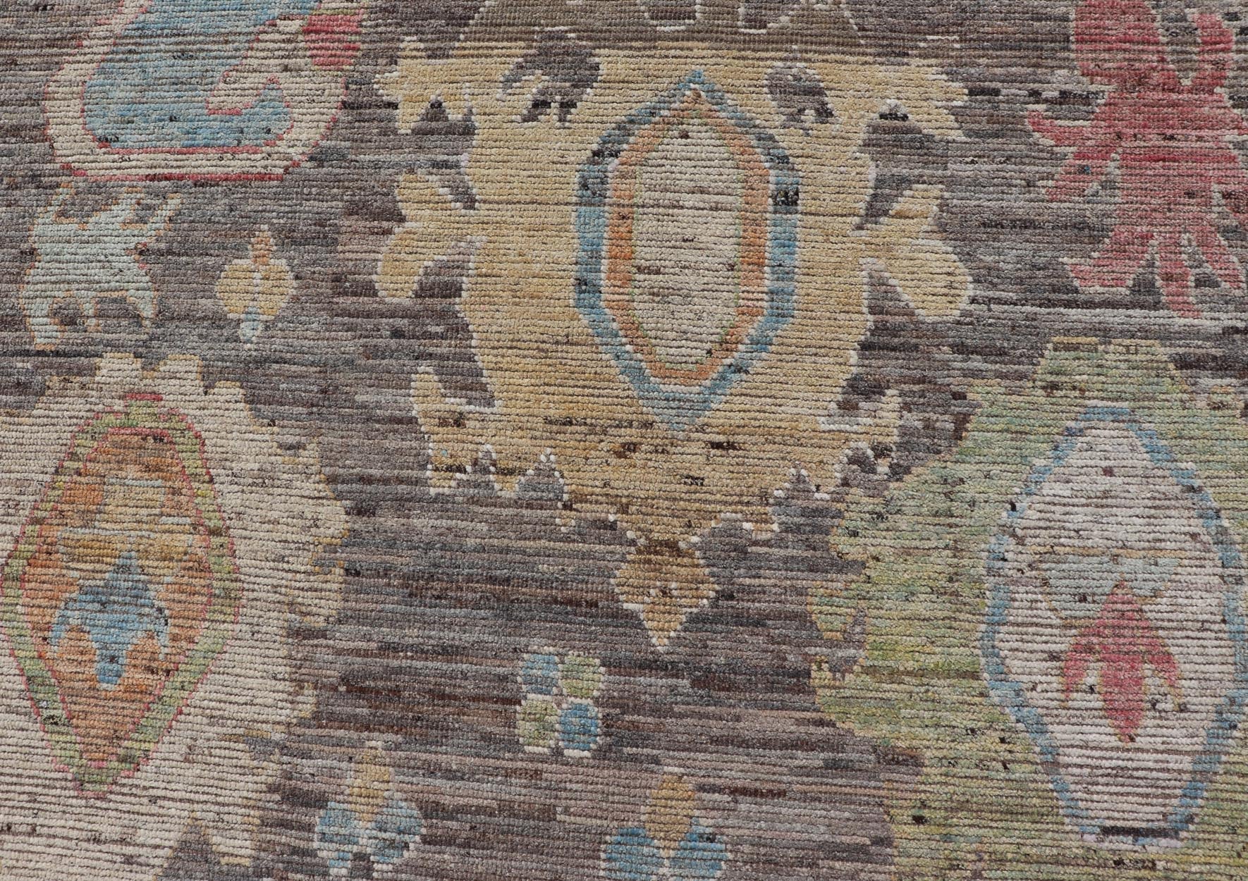 Measures: 12'5 x 16'9 Large Floral Designed Modern Oushak on a Brown - Gray Field and Cream Border. Keivan Woven Arts rug / AFG - 65605 Country of Origin: Afghanistan Type: Oushak Design: Floral, All - Over, Arabesque - Floral 21st century Modern Ou... - Keivan Woven ArtsAFG - 65605 - 23108Rug