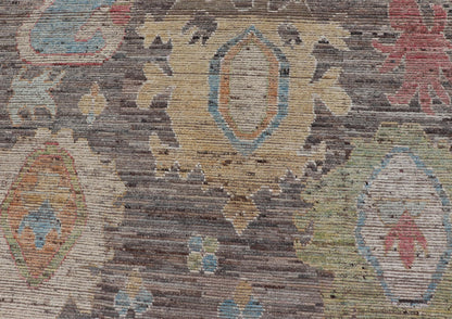 Measures: 12'5 x 16'9 Large Floral Designed Modern Oushak on a Brown - Gray Field and Cream Border. Keivan Woven Arts rug / AFG - 65605 Country of Origin: Afghanistan Type: Oushak Design: Floral, All - Over, Arabesque - Floral 21st century Modern Ou... - Keivan Woven ArtsAFG - 65605 - 23108Rug