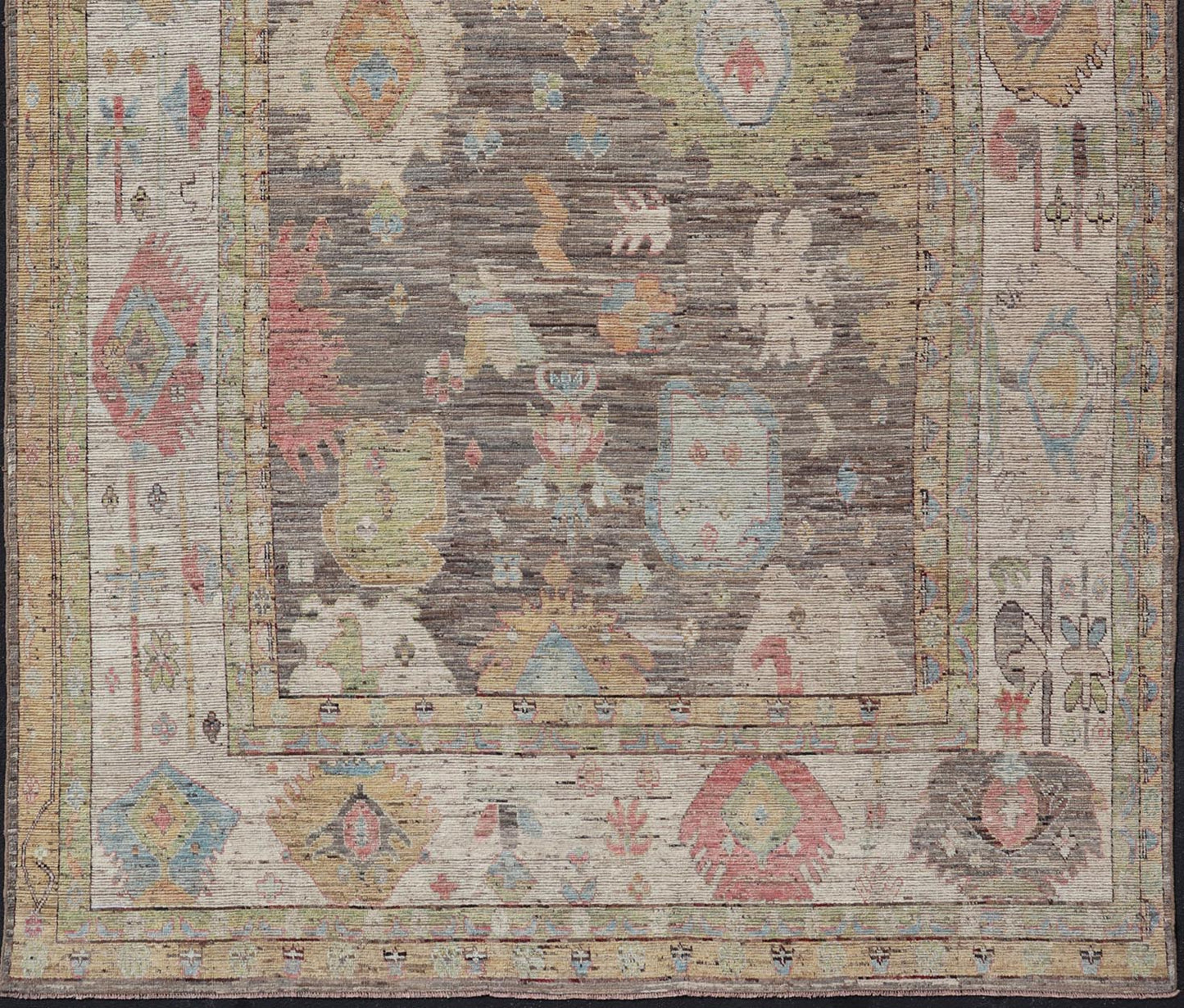 Measures: 12'5 x 16'9 Large Floral Designed Modern Oushak on a Brown - Gray Field and Cream Border. Keivan Woven Arts rug / AFG - 65605 Country of Origin: Afghanistan Type: Oushak Design: Floral, All - Over, Arabesque - Floral 21st century Modern Ou... - Keivan Woven ArtsAFG - 65605 - 23108Rug