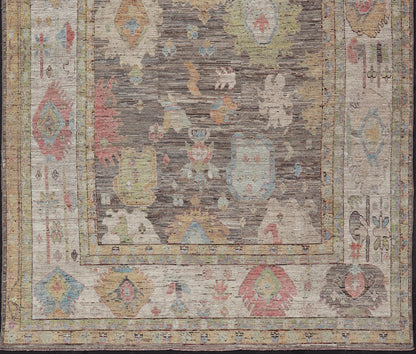 Measures: 12'5 x 16'9 Large Floral Designed Modern Oushak on a Brown - Gray Field and Cream Border. Keivan Woven Arts rug / AFG - 65605 Country of Origin: Afghanistan Type: Oushak Design: Floral, All - Over, Arabesque - Floral 21st century Modern Ou... - Keivan Woven ArtsAFG - 65605 - 23108Rug