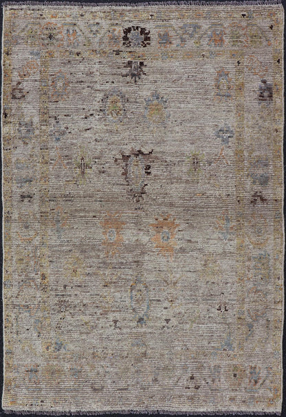 Modern Distressed Oushak With All - Over Floral Design on Cream Field and Border. Keivan Woven Arts/ rug /AFG - 65734 Country of Origin: Afghanistan Type: Oushak Design: Floral, All - Over, Arabesque - Floral 21st century. Measures: 3'9 x 5'8 Modern di... - Keivan Woven ArtsAFG - 65734 - 25170Rug