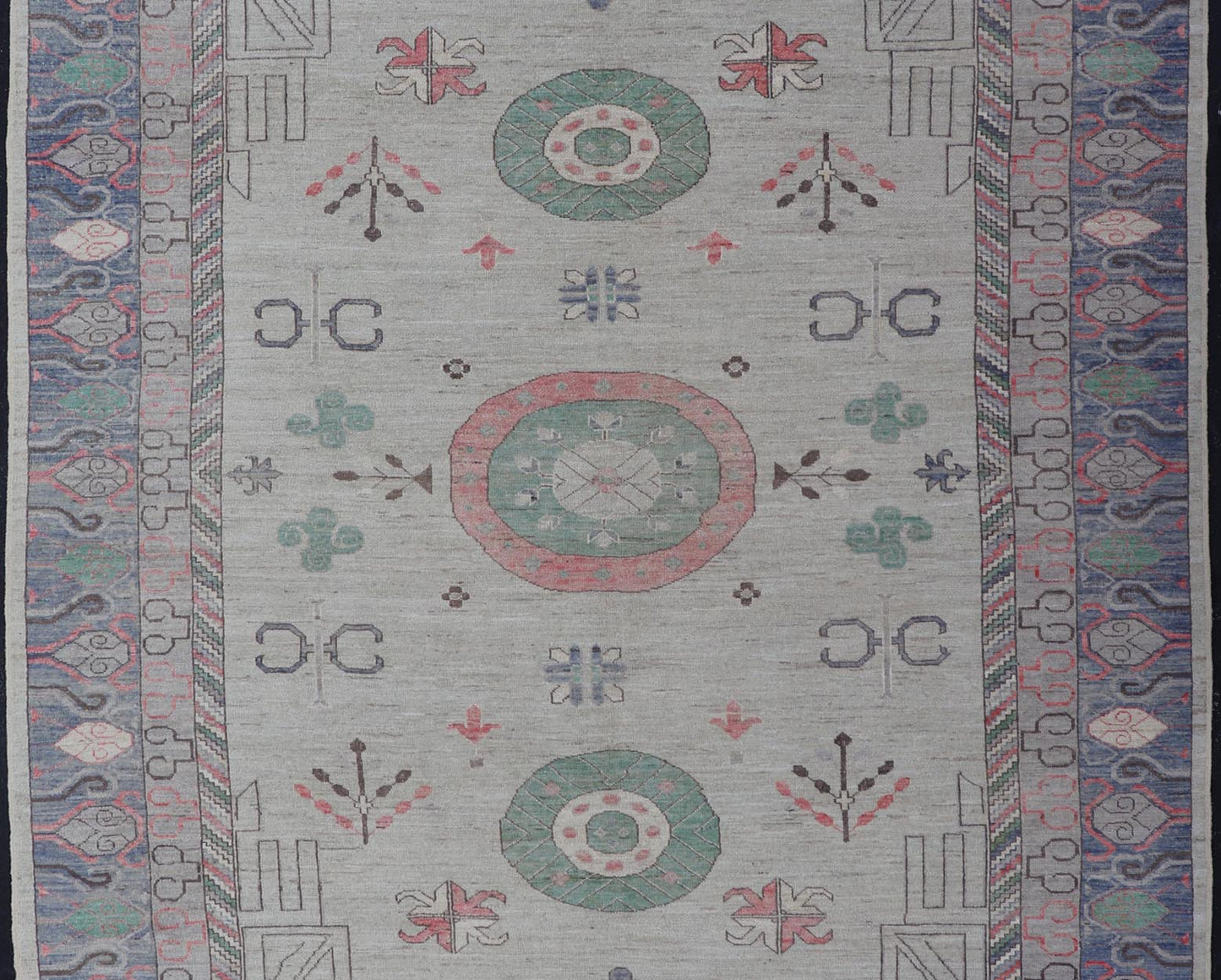 Finely hand knotted Khotan Rug with Circular Medallions in Shades of Purple, light Green, salmon, medium green and Cream. Keivan Woven Arts / rug AFG - 67298, country of origin / type: Afghanistan / Khotan. Measures: 9'8 x 13' This modern... - Keivan Woven ArtsAFG - 67298 - 24547Rugs