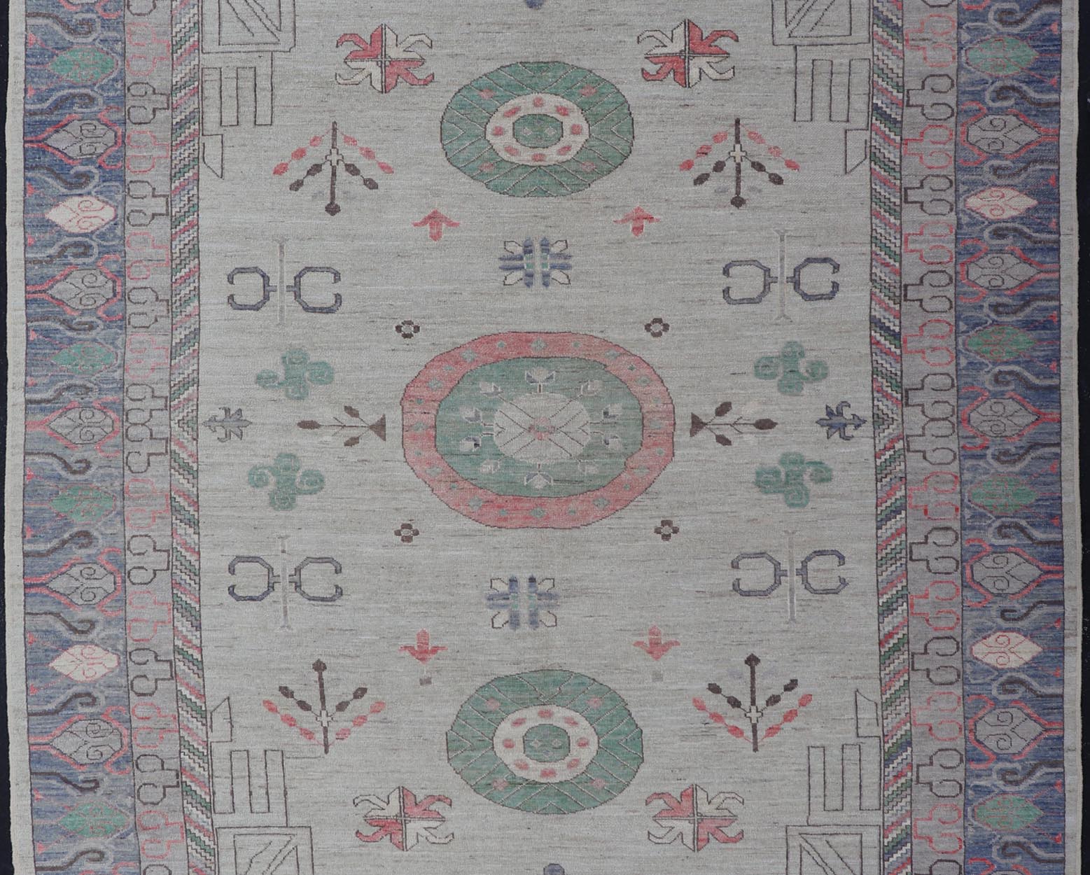 Finely hand knotted Khotan Rug with Circular Medallions in Shades of Purple, light Green, salmon, medium green and Cream. Keivan Woven Arts / rug AFG - 67298, country of origin / type: Afghanistan / Khotan. Measures: 9'8 x 13' This modern... - Keivan Woven ArtsAFG - 67298 - 24547Rugs