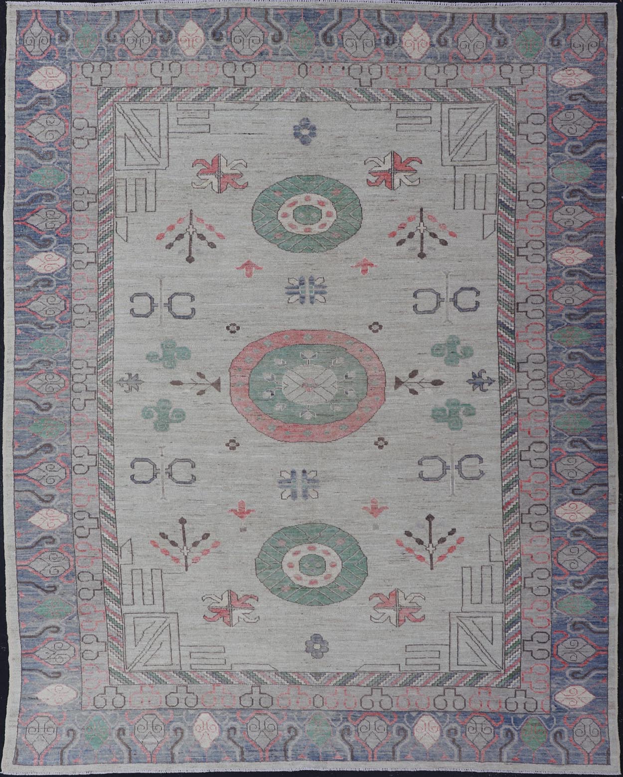 Finely hand knotted Khotan Rug with Circular Medallions in Shades of Purple, light Green, salmon, medium green and Cream. Keivan Woven Arts / rug AFG - 67298, country of origin / type: Afghanistan / Khotan. Measures: 9'8 x 13' This modern... - Keivan Woven ArtsAFG - 67298 - 24547Rugs